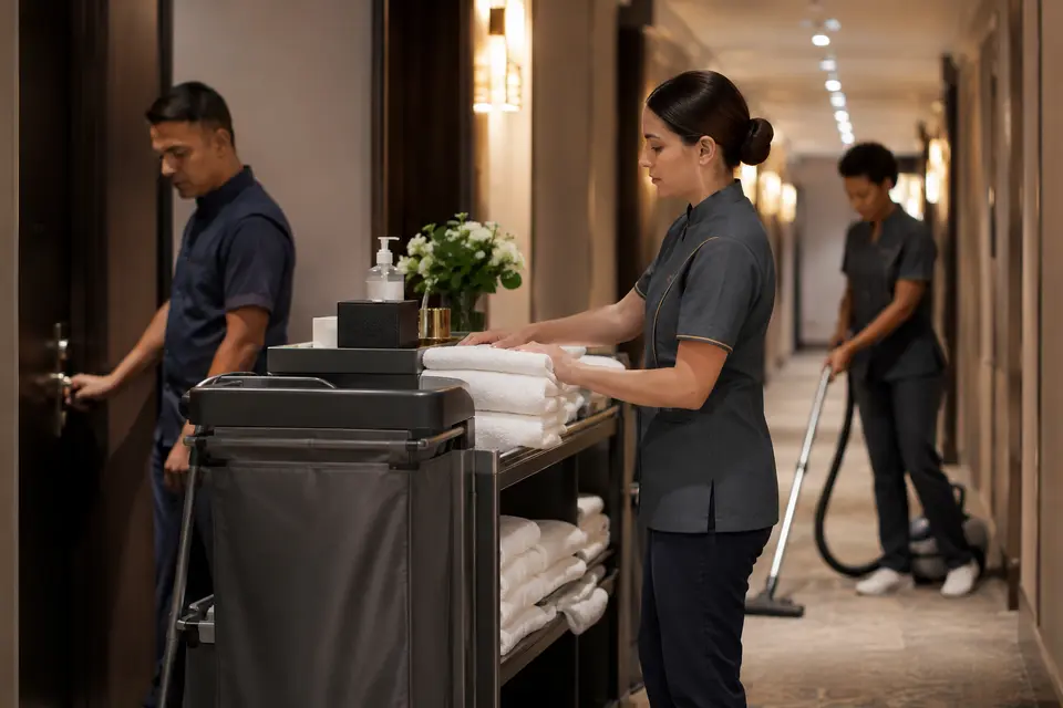 Hotel housekeeping team in coordinated practical uniforms