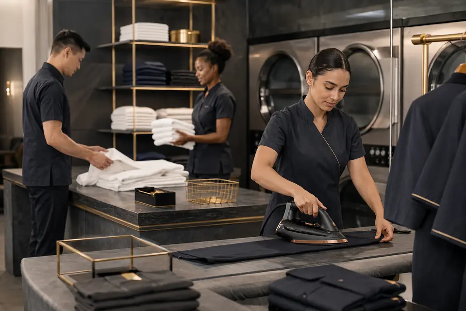 Hotel laundry staff in coordinated practical uniforms