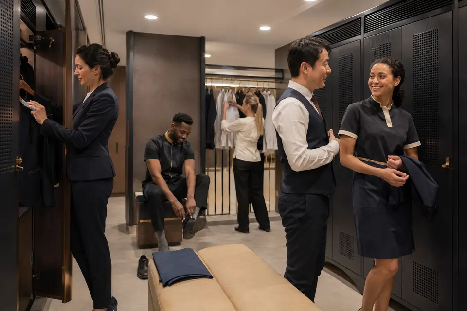 Organized hotel staff locker room with lockers and changing benches