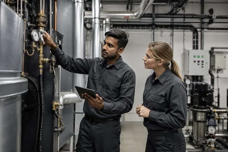 Hotel maintenance team in neat practical work uniforms