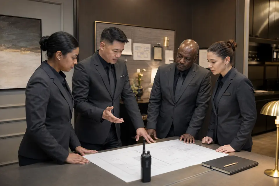 Hotel security team in coordinated professional uniforms