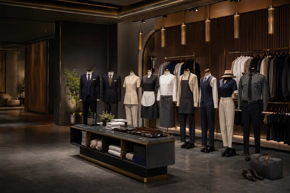 Hospitality staff wearing coordinated front office, culinary, housekeeping, spa, pool, and security uniforms