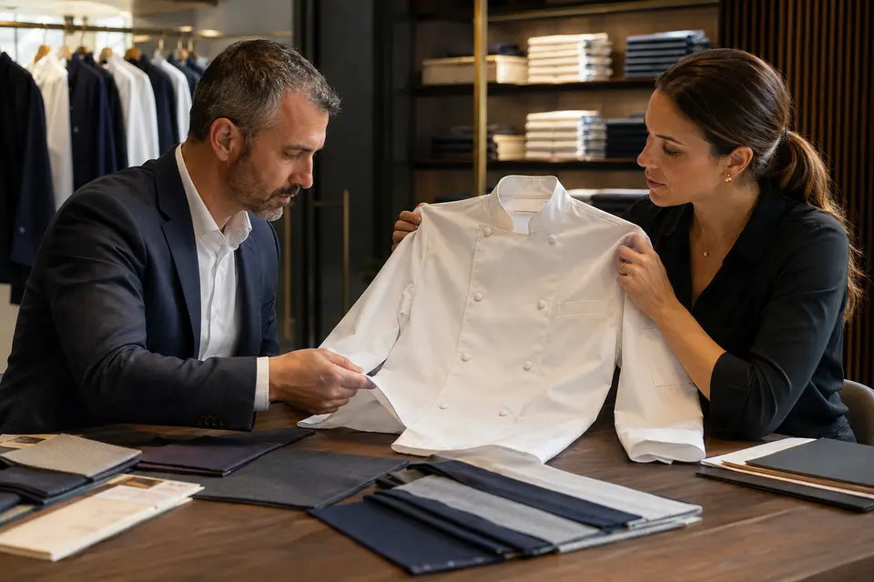 Uniform buyer reviewing garments, fabric swatches, sizing, and branding specifications