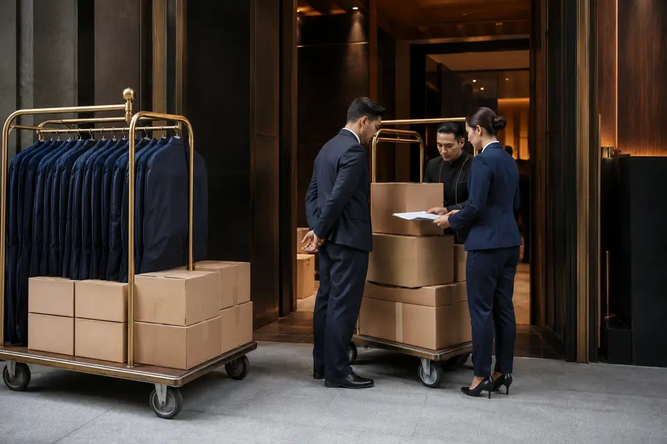 Hospitality uniform delivery arriving at a hotel property