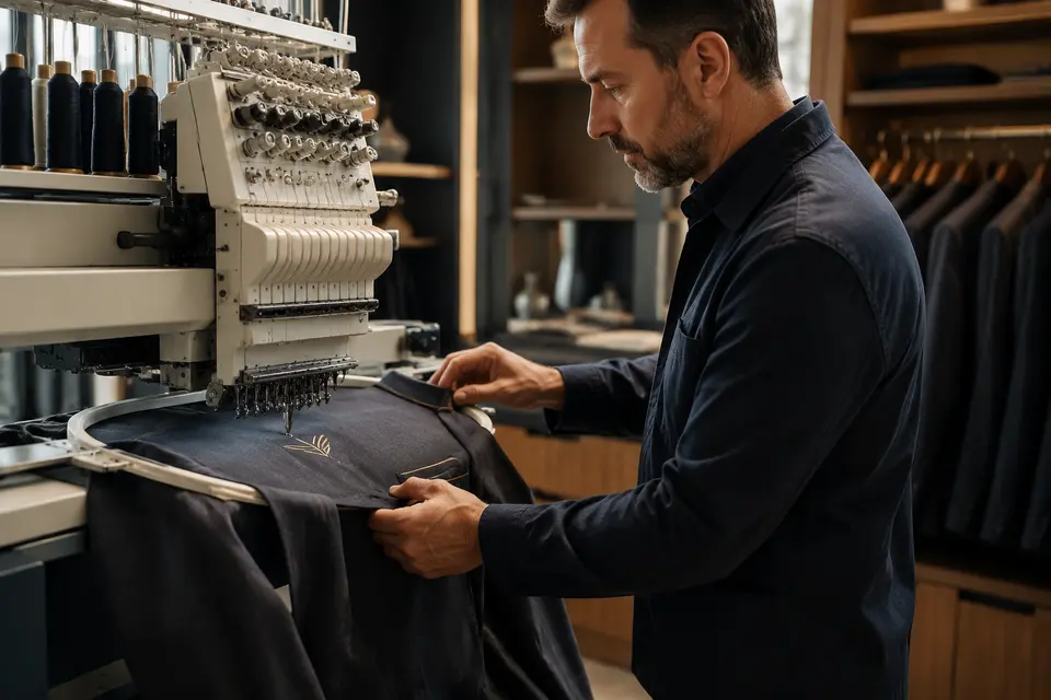 Embroidery machine applying a subtle hotel emblem to a uniform garment