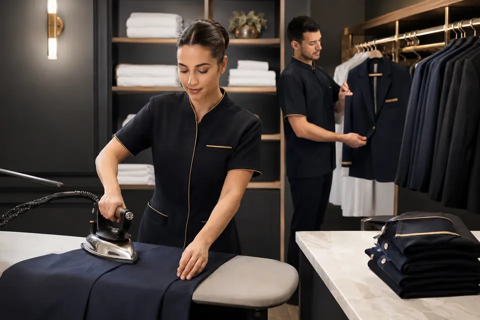 Commercial laundry team caring for hospitality uniforms