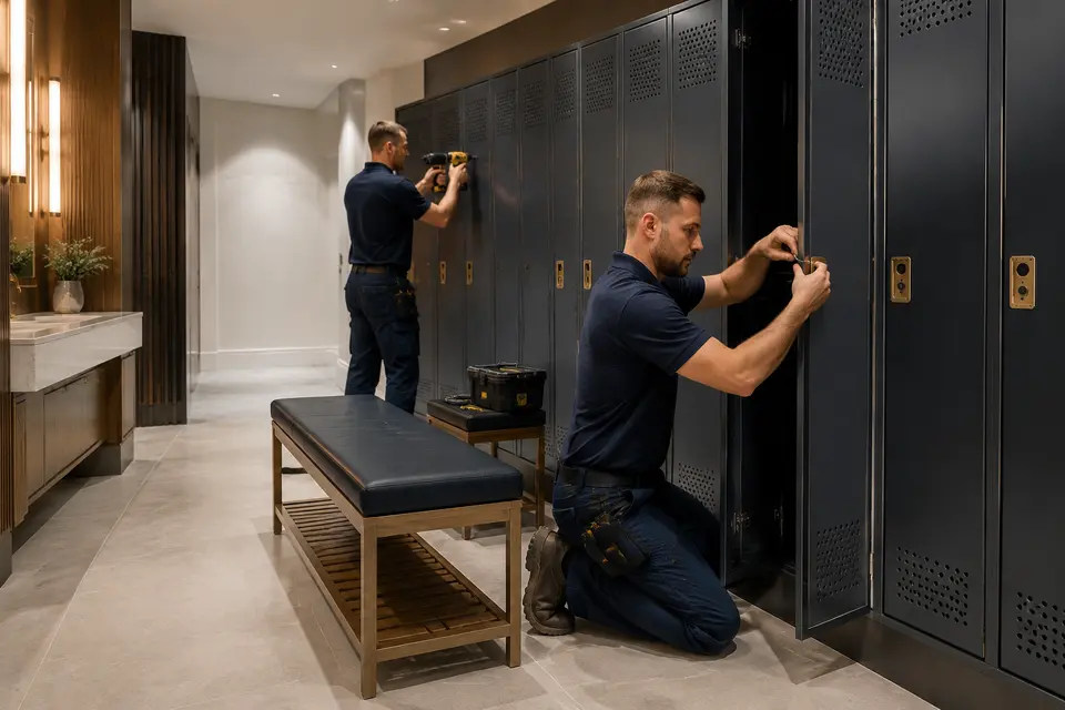 Employee locker installation in a clean hotel staff area