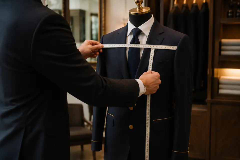 Uniform specialist taking measurements for hospitality staff sizing