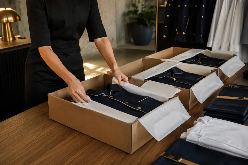 Hospitality uniforms packed and labeled by role and size