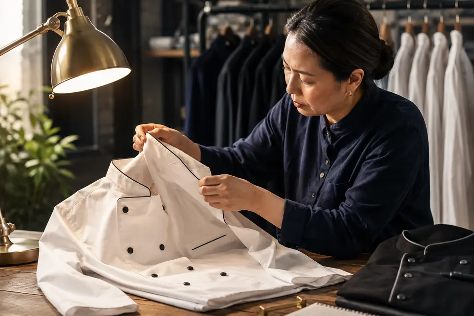 Garment quality inspector checking hospitality uniform construction
