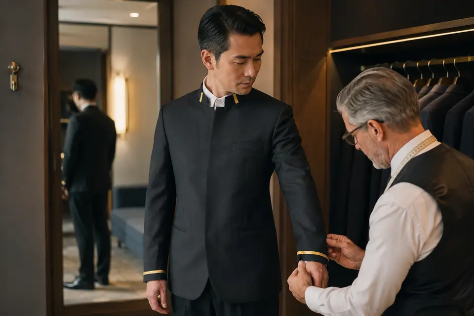 Hospitality employee testing the fit and mobility of a sample uniform