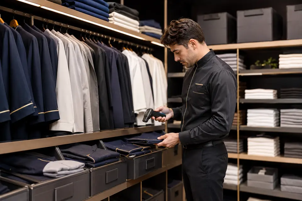 Organized warehouse inventory of packaged hospitality uniforms