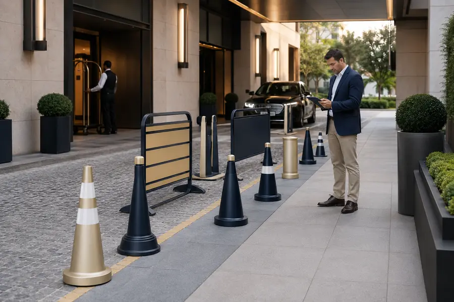 Traffic cones and barriers organizing a hotel drive lane