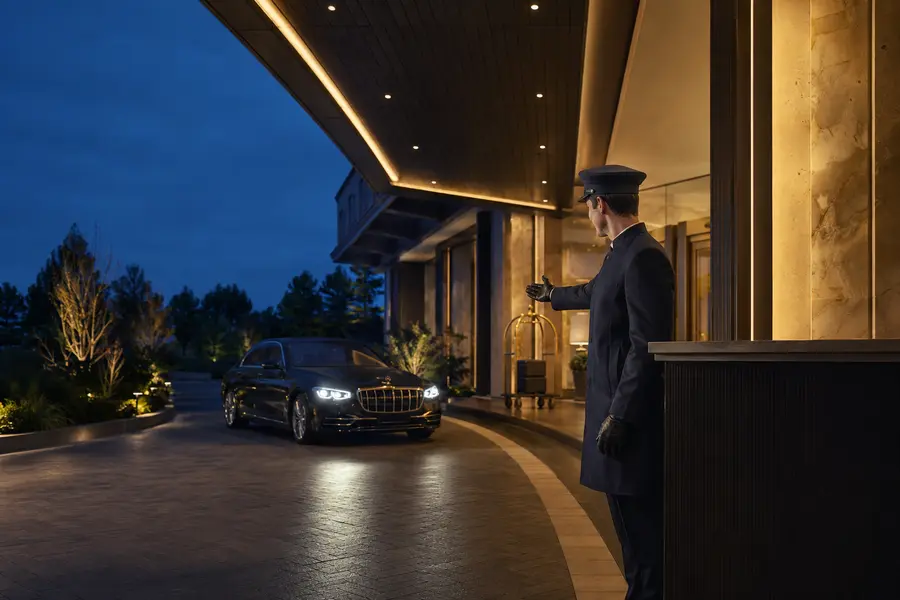 Professional hotel valet arrival under a refined porte-cochere