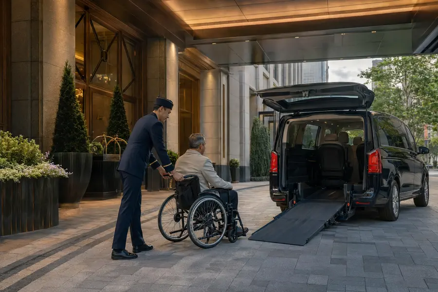Accessible guest transfer equipment beside a hotel shuttle