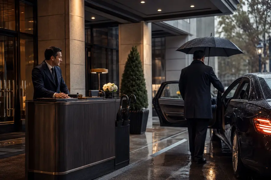 Rain-ready valet operation with canopy and guest umbrellas