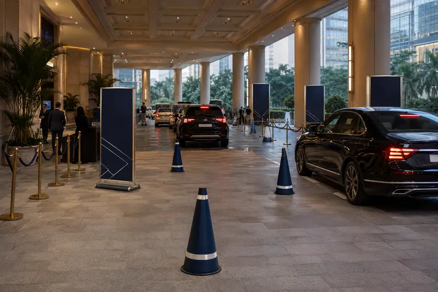 Portable parking controls for a convention arrival lane