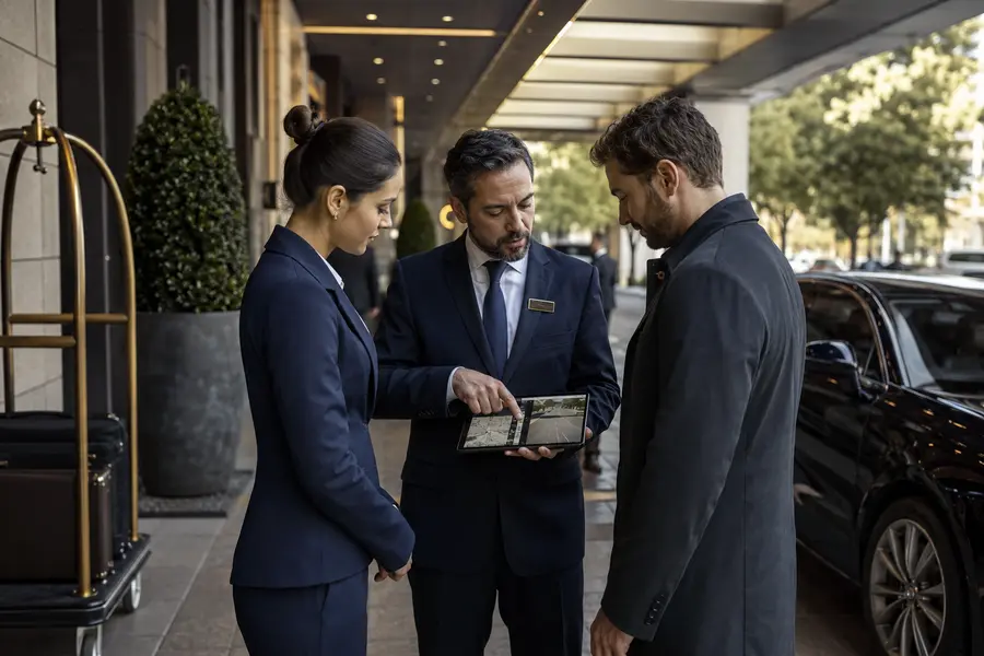 Valet team assessing a hotel arrival lane before specifying equipment
