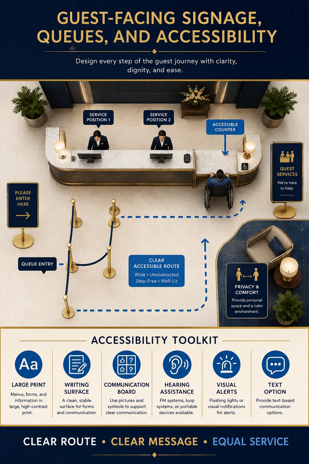 Guest-Facing Signage, Queue Control, and Accessible Communication Equipment