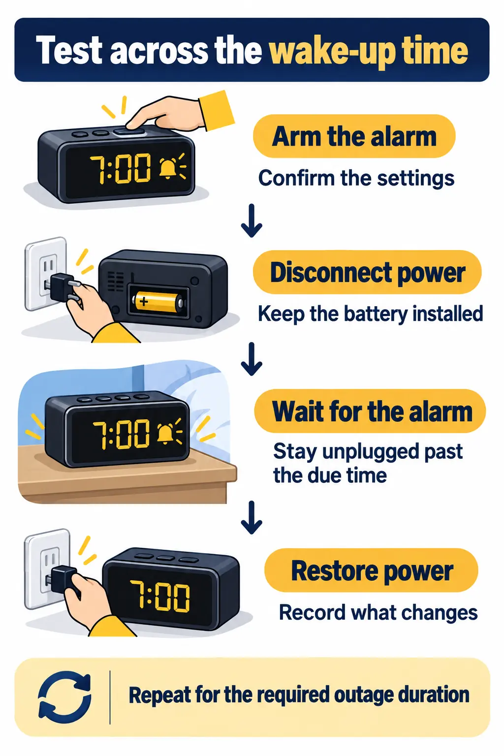 Run an Outage Test That Crosses the Alarm Time Run an Outage Test That Crosses the Alarm Time